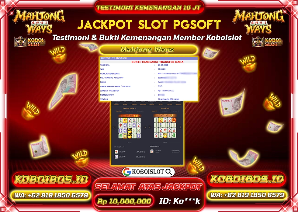 BUKTI KEMENANGAN ID Ko***k SLOT GACOR MAHJONG WAYS 1 Rp10.000.000,- LUNAS
